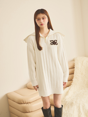 ジップ大襟ニットワンピース