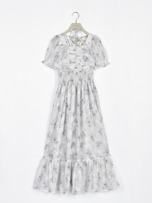 ギャザーリボンフラワーシャーリングワンピース