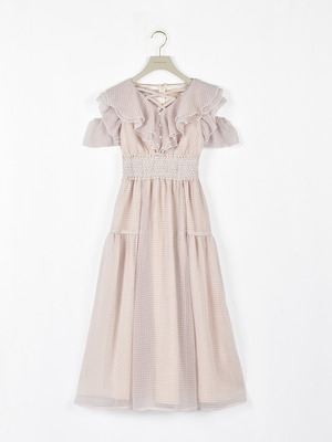 ギンガムフリルオフショルワンピース