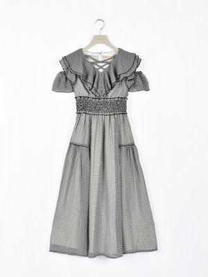 ギンガムフリルオフショルワンピース