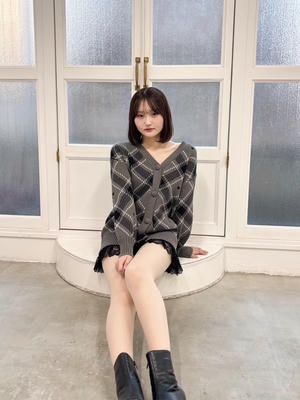 ハートチェックニットカーデ