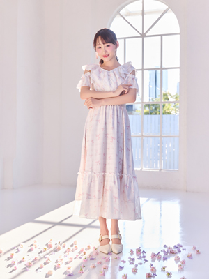 肩開きフリルロングワンピース