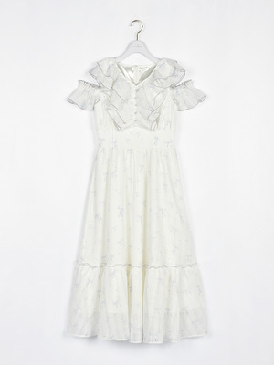 肩開きフリルロングワンピース